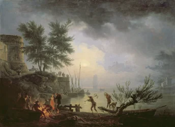 Sonnenaufgang, eine Küstenszene mit Figuren um ein Feuer, 1760